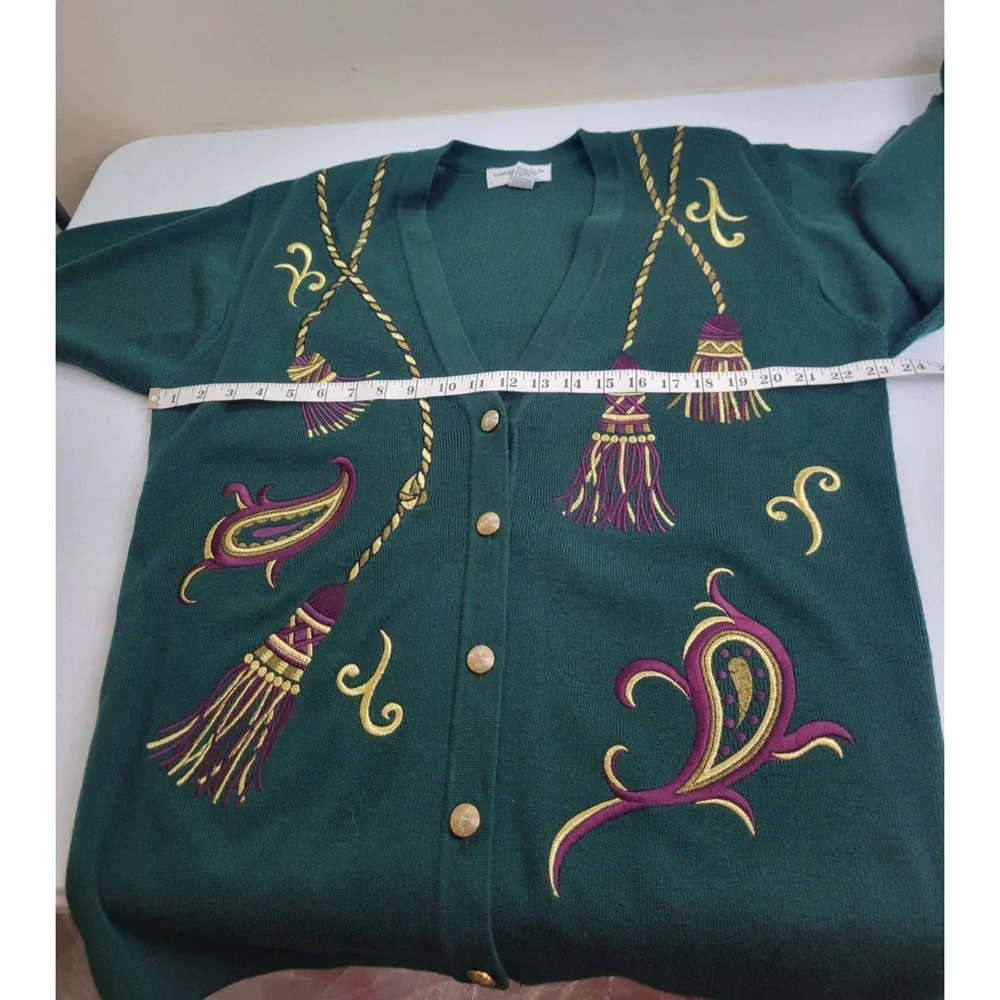 Casual Corner Green Embroidered Wool‎ Blend Cardigan Sweater Women's Size Large